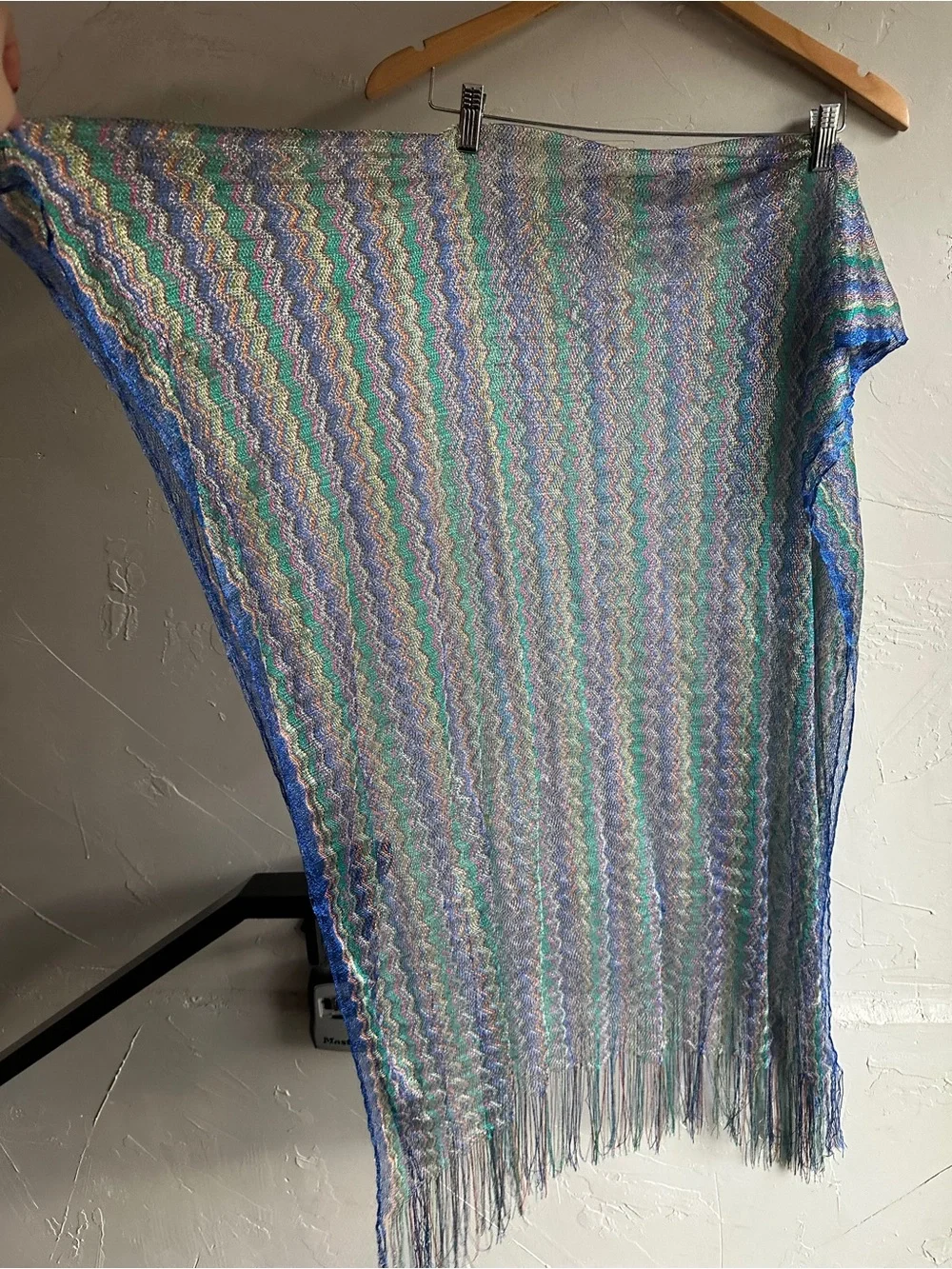 Metallic Mesh Knit Fringe Shawl Teal Blue Boho Festival Y2K Scarf 74x34